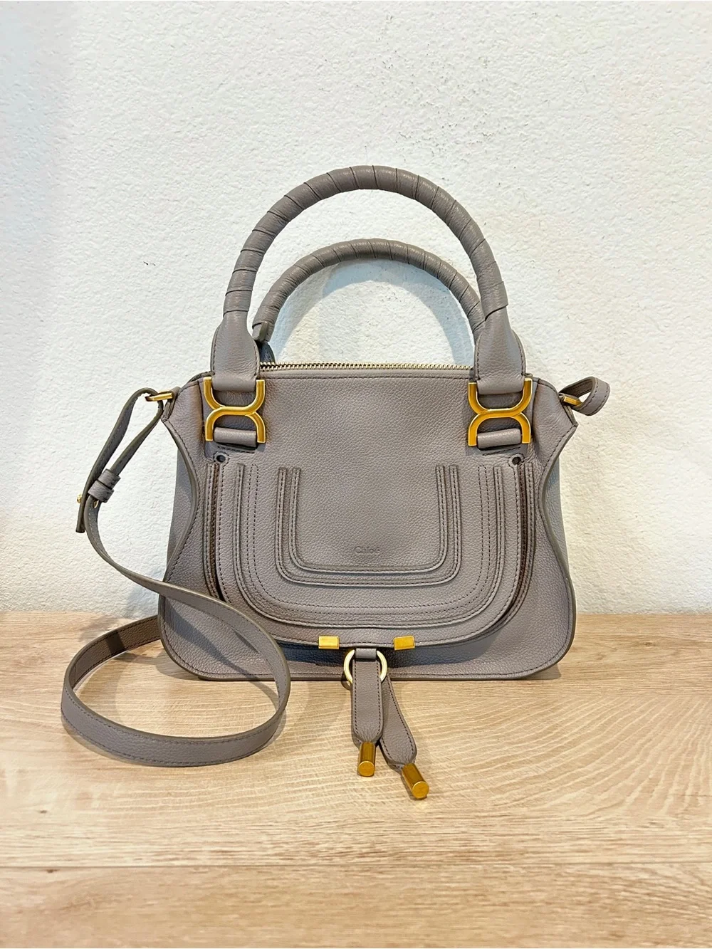 NWT Chloe Small Marcie bag in grained leather Cashmere Grey, Retail $2490